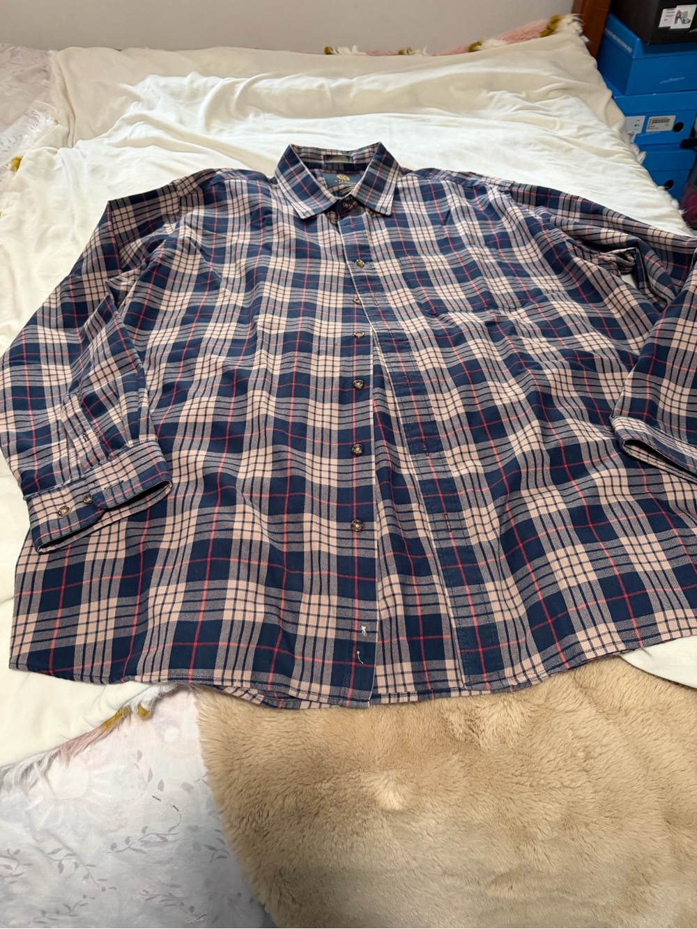 Viyella Men's Navy Plaid Button-Up Wool Blend Traditional Fit Shirt  XXL